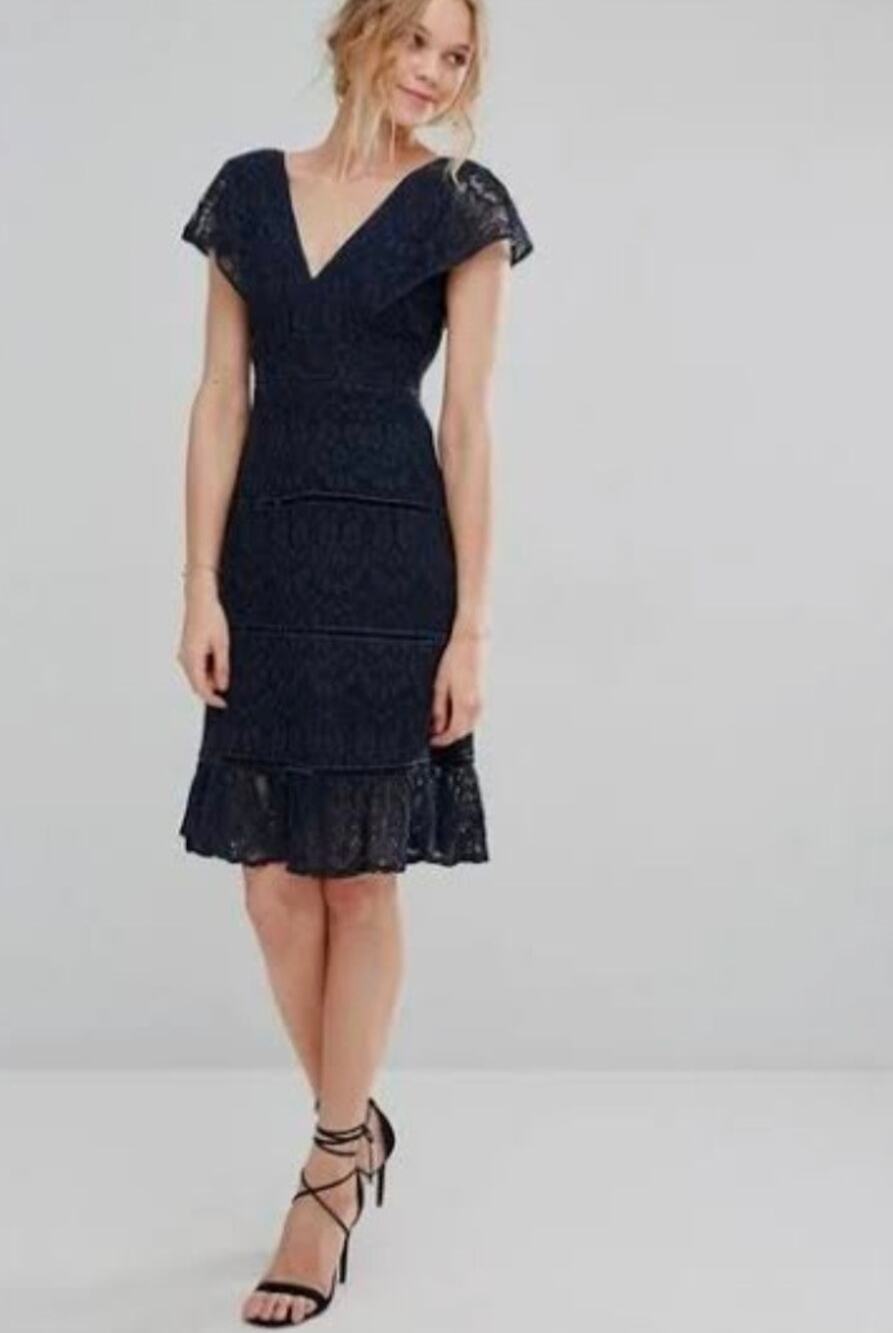 Foxiedox Anthropologie Navy Blue Lace Midi Dress V‑Neck Cap Sleeve Cocktail Sz L